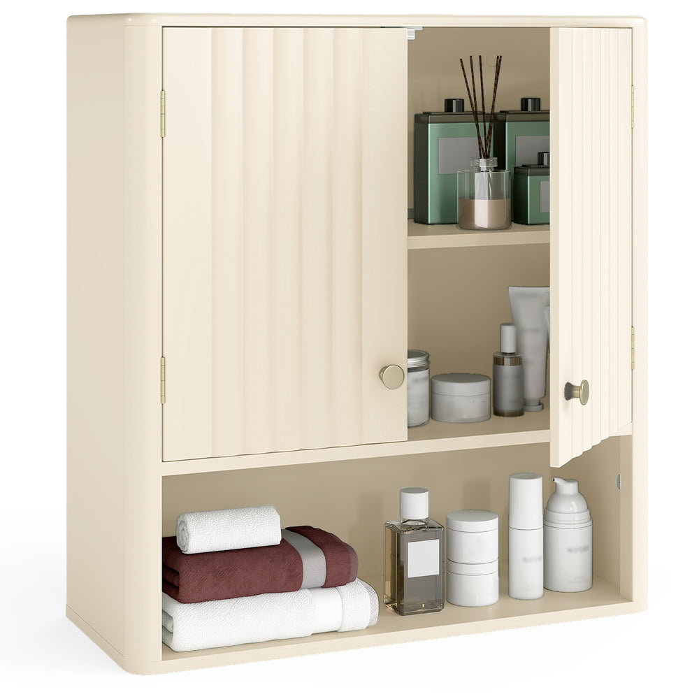 Fluted beige bathroom wall cabinet with open shelf, adjustable shelf, and elegant gold knobs for stylish storage.