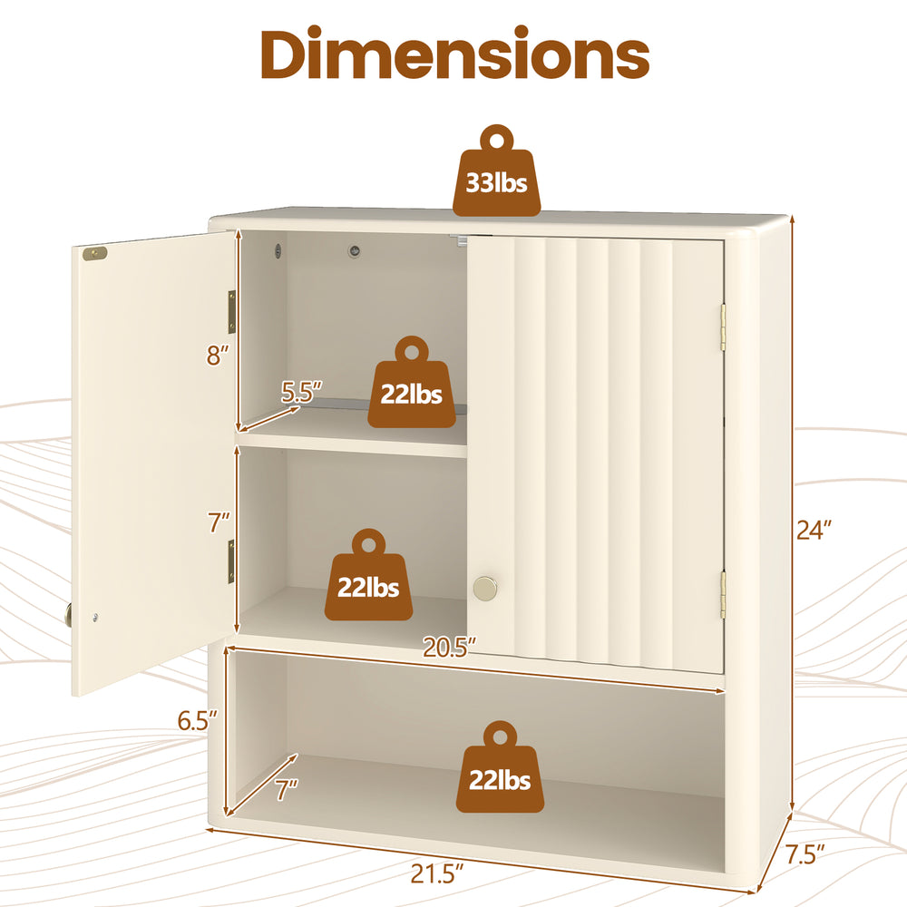 Dimensions of the Fluted Bathroom Wall Cabinet with Open Shelf in beige, featuring adjustable shelves and elegant.