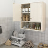 Fluted beige bathroom wall cabinet with open shelf, adjustable storage, and elegant gold knobs for stylish organization.