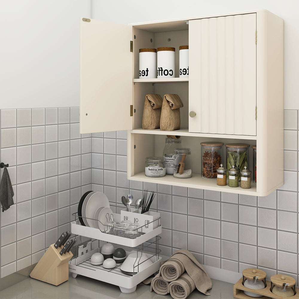 Fluted beige bathroom wall cabinet with open shelf, adjustable storage, and elegant gold knobs for stylish organization.