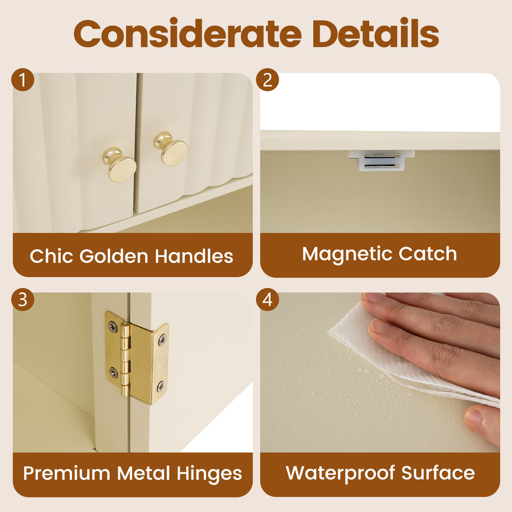 Fluted bathroom wall cabinet details featuring gold knobs, premium metal hinges, and a waterproof surface for easy.