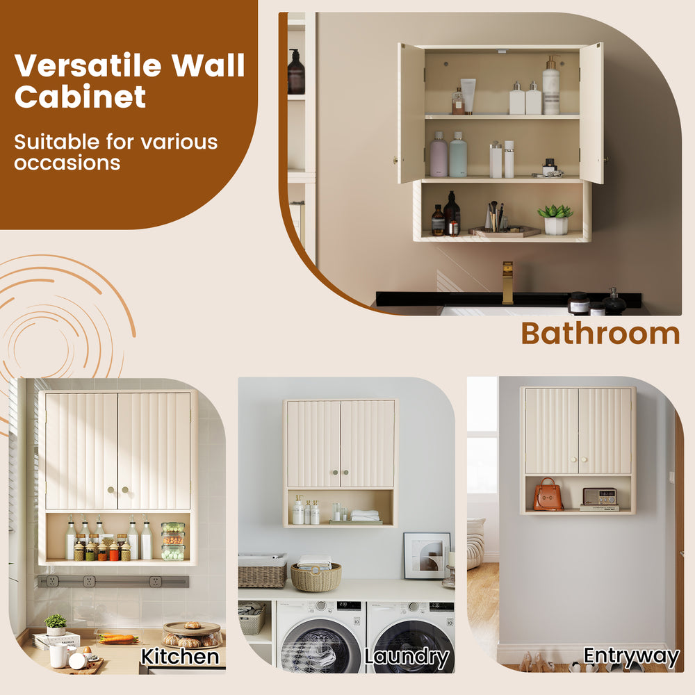 Fluted bathroom wall cabinet in beige with open shelf and adjustable storage, ideal for kitchen, laundry, and bathroom.