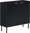 Fluted black buffet cabinet with two doors, spacious tabletop, and metal legs for versatile kitchen and dining room use.