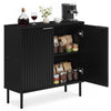 Fluted black buffet cabinet with two doors, spacious tabletop for a coffee maker, and organized storage for kitchenware.