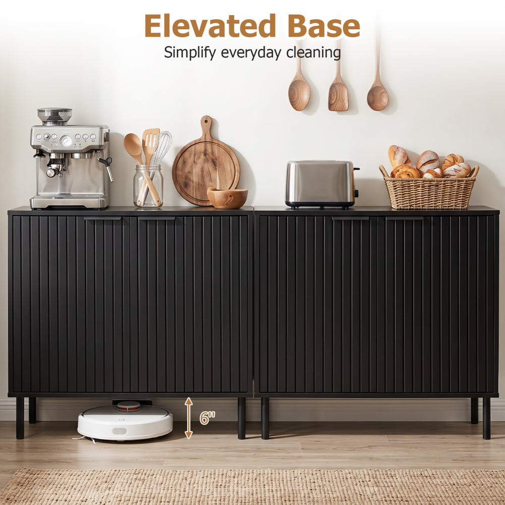 Fluted black buffet cabinet with 2 doors, spacious tabletop, and elevated base for easy cleaning in kitchen or dining room.