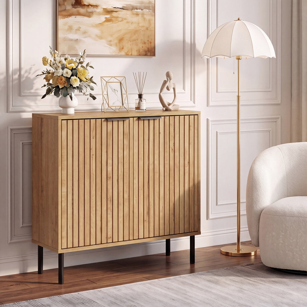 Fluted Buffet Cabinet with 2-Door Sideboard for Kitchen and Dining Room-Oak - Gallery View 1 of 11
