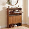 Fluted hidden shoe cabinet in walnut featuring removable shelves for taller footwear and elegant golden handles for.
