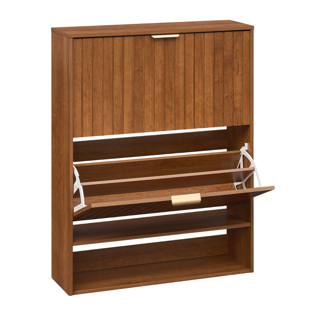 Fluted hidden shoe cabinet in walnut with 2 flip drawers and open storage, ideal for narrow spaces and entryways.