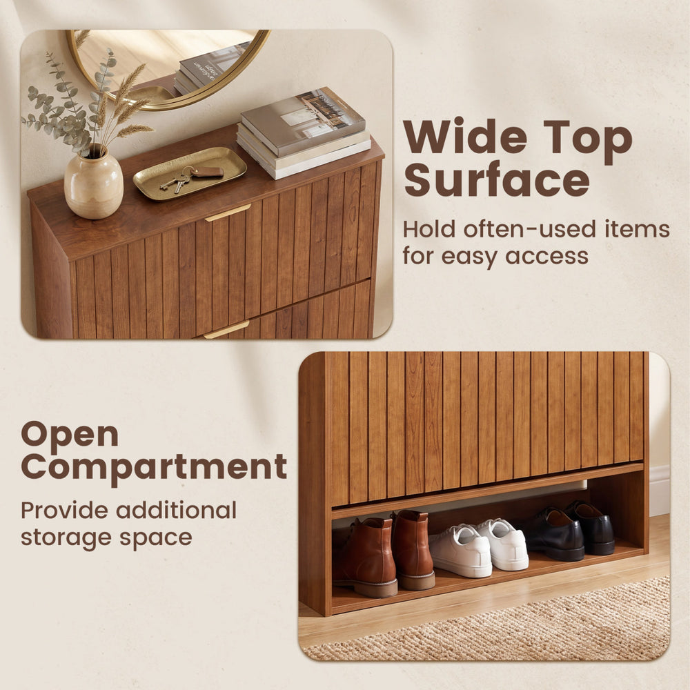 Fluted hidden shoe cabinet in walnut with wide top surface and open compartment for stylish storage in narrow spaces.