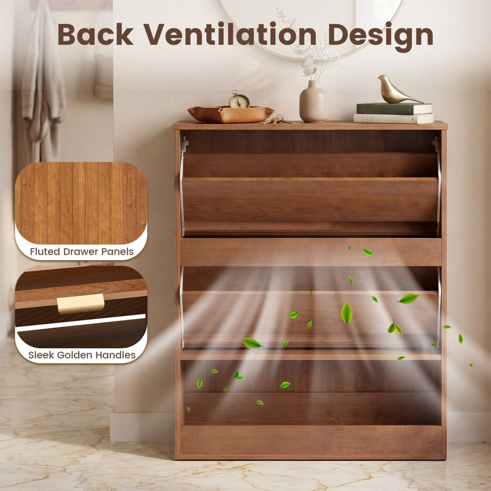 Fluted hidden shoe cabinet in walnut with 2 flip drawers, open storage, and back ventilation for fresh airflow.