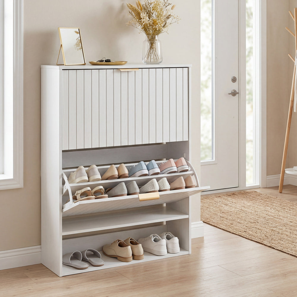 Fluted Hidden Shoe Cabinet with 2 Flip Drawers and Open Storage-White - Gallery View 1 of 10