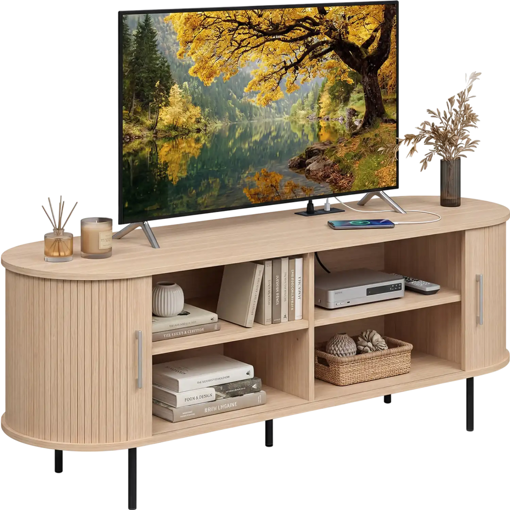 Fluted TV stand with curved design, natural finish, and multiple compartments for organized storage and decor.
