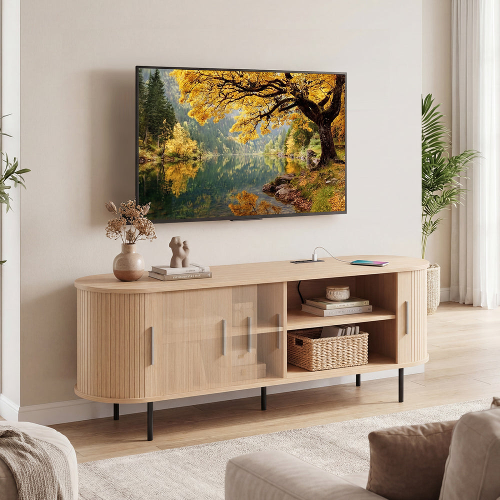 Fluted TV Stand for TVs up to 60" Mid Century Curved Entertainment Center-Natural - Gallery View 1 of 10