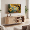 Fluted TV stand in natural finish with curved design, featuring 8 compartments and 2 AC outlets for versatile storage.