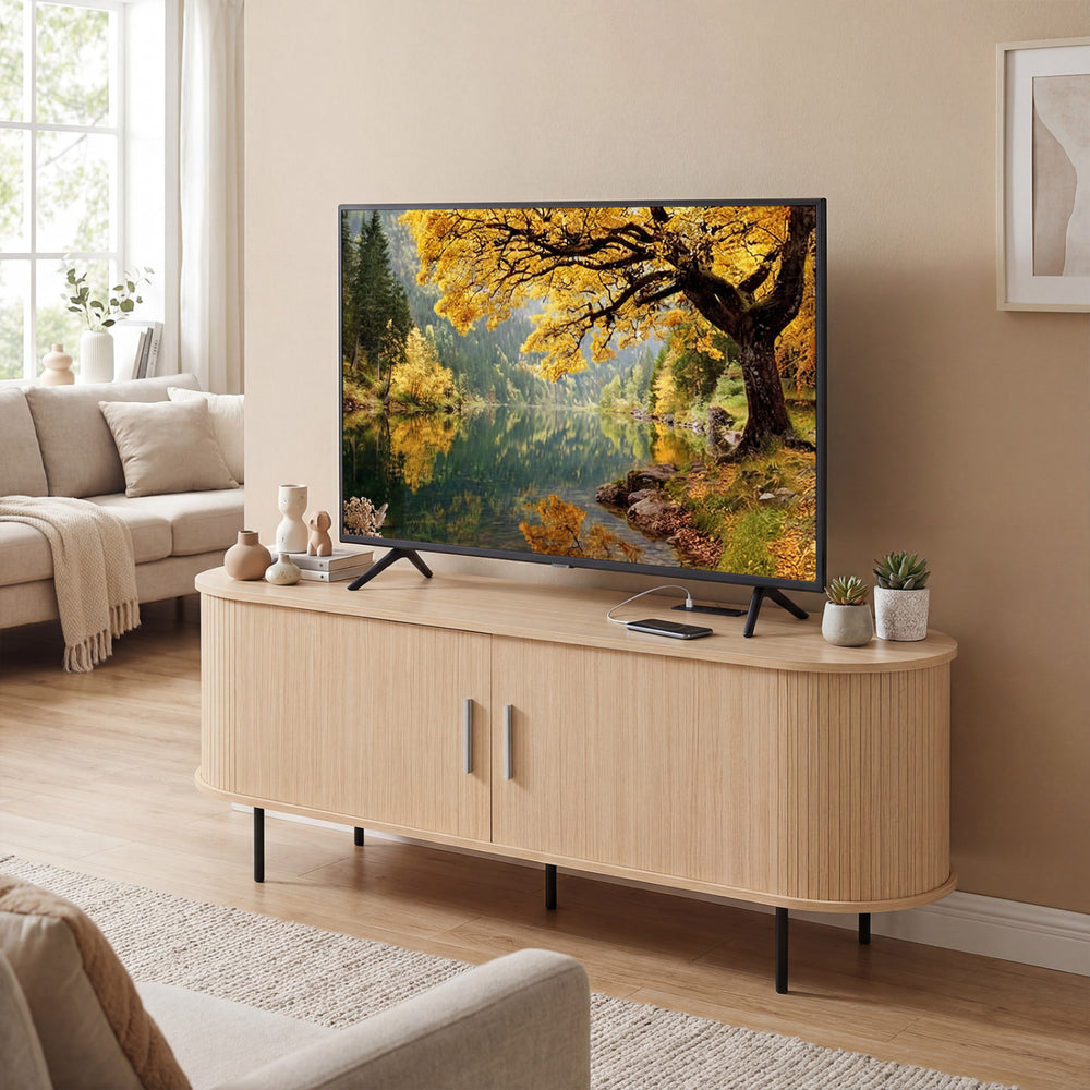Fluted TV stand with natural wood finish, featuring 8 compartments and 5 metal legs, perfect for TVs up to 60".