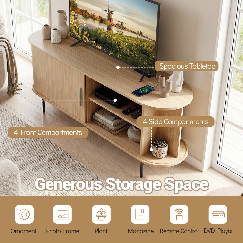 Fluted TV stand with spacious tabletop and 8 compartments, perfect for organizing decor and electronics in any room.