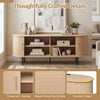 Fluted TV stand with elegant wood-like surface, convenient handles, and rounded edges for versatile living room use.