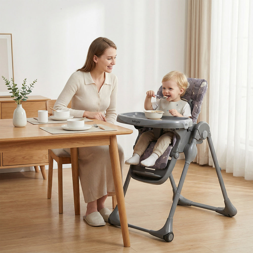 High chair in gray with detachable cushion, 3 footrest positions, and a compact folding design for easy storage and.