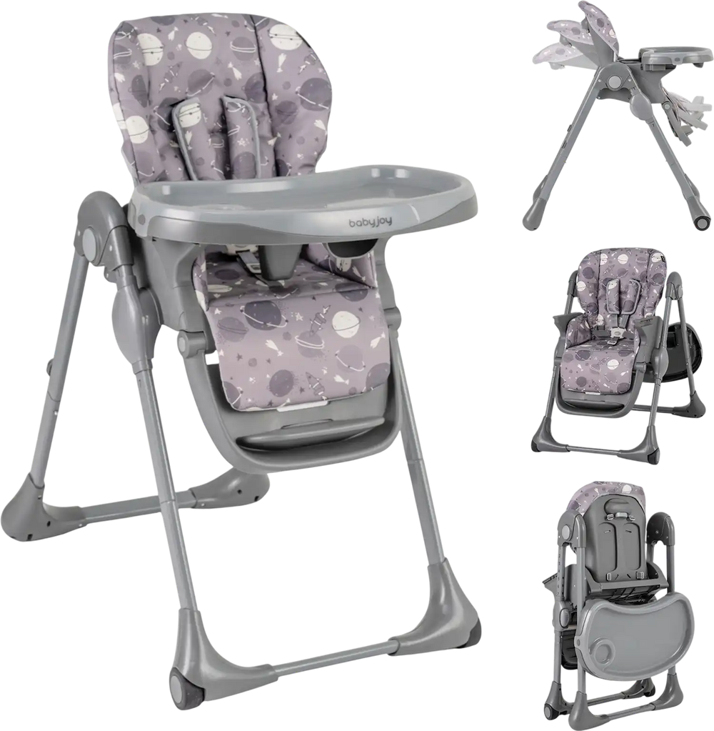 Foldable high chair in gray with three adjustable backrest positions and durable metal frame for stability and comfort.