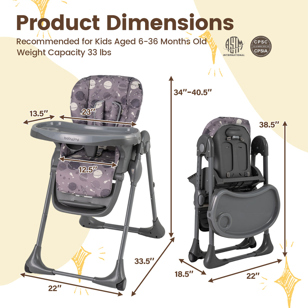 Foldable high chair in gray with adjustable height, detachable cushion, and safety features for babies and toddlers.