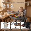 Foldable high chair in gray with detachable cushion, featuring a removable double-layer tray for easy cleaning and.