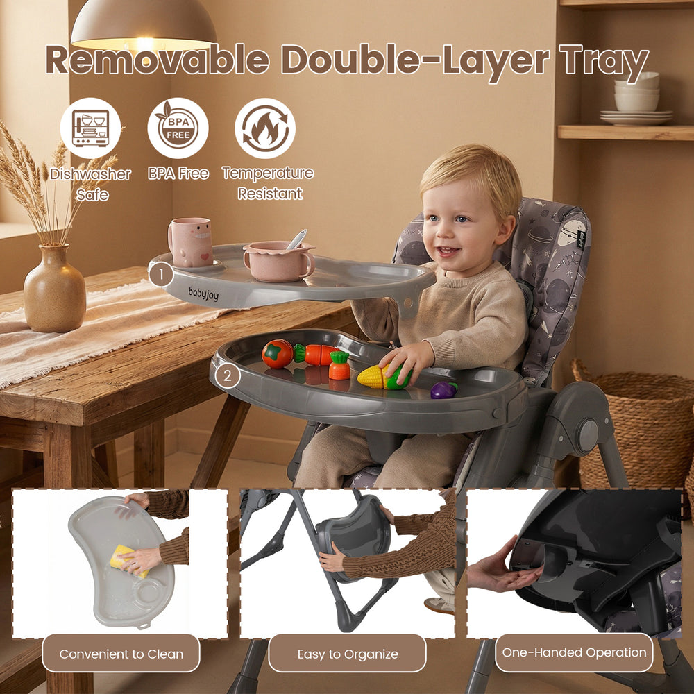 Foldable high chair in gray with detachable cushion, featuring a removable double-layer tray for easy cleaning and.