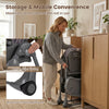 Foldable high chair in gray with detachable cushion, featuring wheels for easy movement and compact storage convenience.