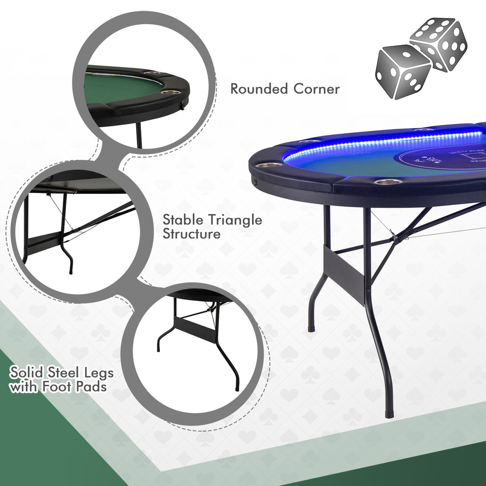 Foldable 10-player poker table with LED lights, stable triangular structure, and solid steel legs for outdoor.