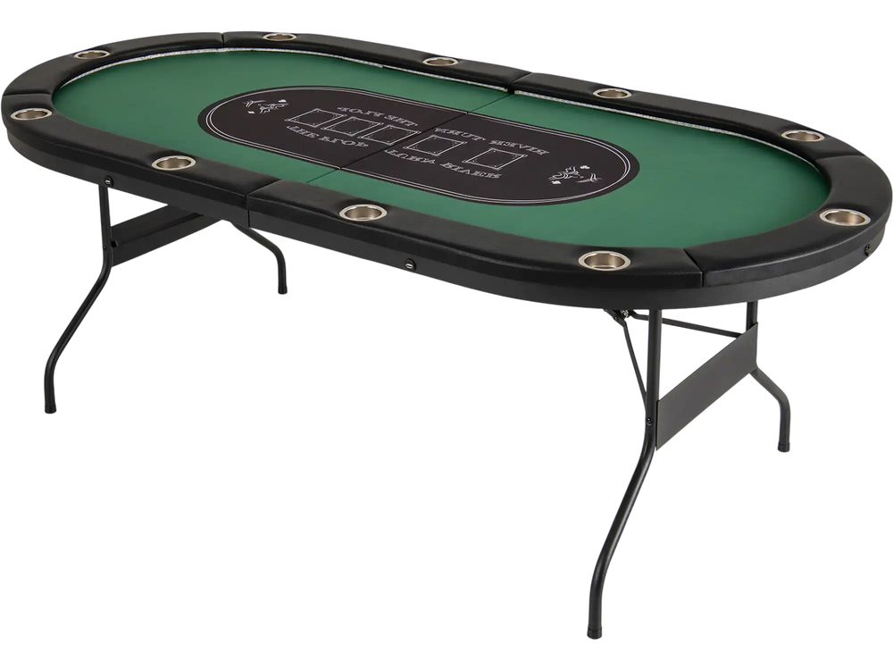 Foldable 10-player poker table with green felt, cup holders, USB ports, ideal for parties and outdoor gatherings.