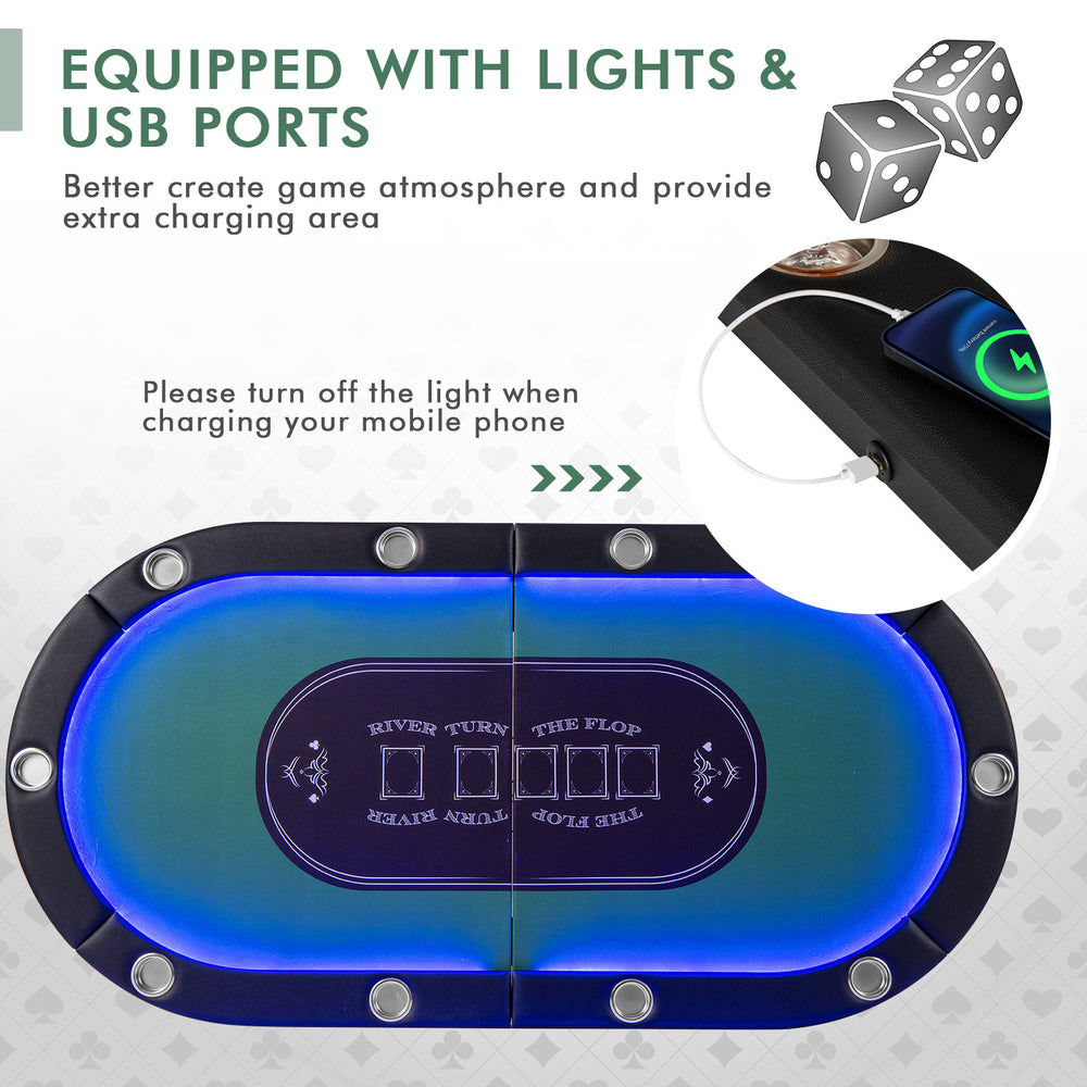 Foldable 10-player poker table with LED lights and USB ports, featuring a 75" tabletop for snacks and drinks, ideal for.