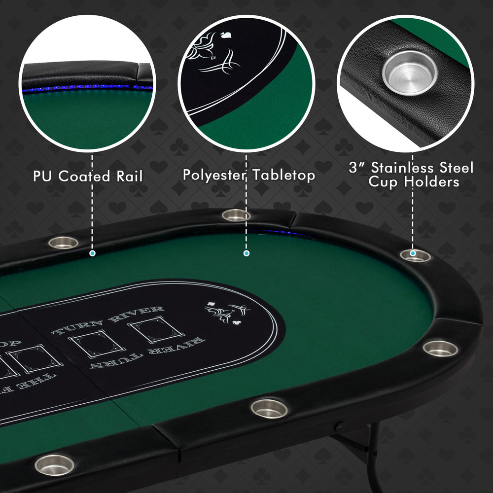 Foldable 10-player poker table with green polyester tabletop, 3" stainless steel cup holders, and LED lights for gaming.