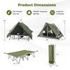 Foldable 2-person camping cot tent with dimensions, waterproof rainfly, and portable wheeled bag for outdoor adventures.