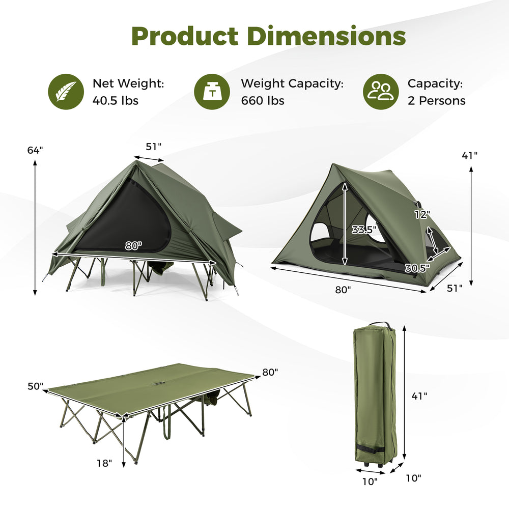 Foldable 2-person camping cot tent with dimensions, waterproof rainfly, and portable wheeled bag for outdoor adventures.