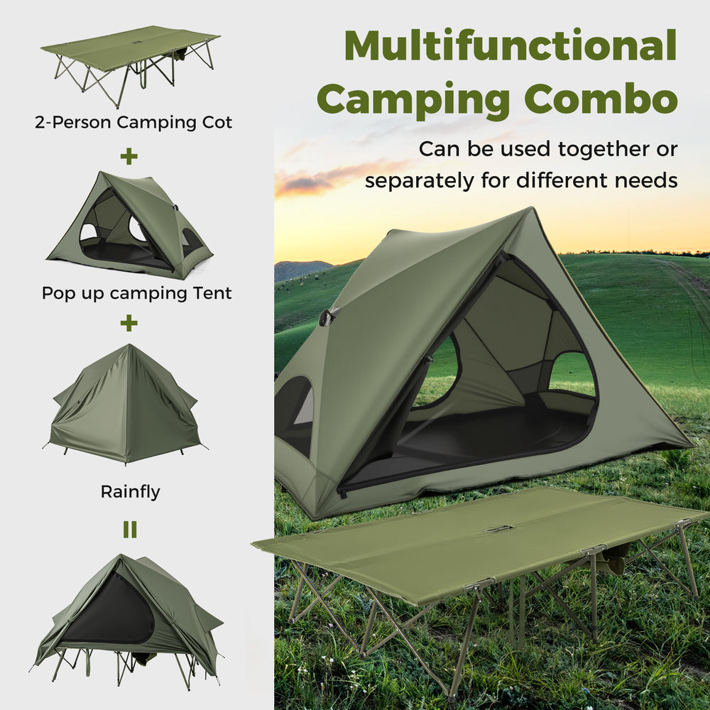 Foldable 2-person camping cot with pop-up tent shelter in green, ideal for camping and outdoor adventures.