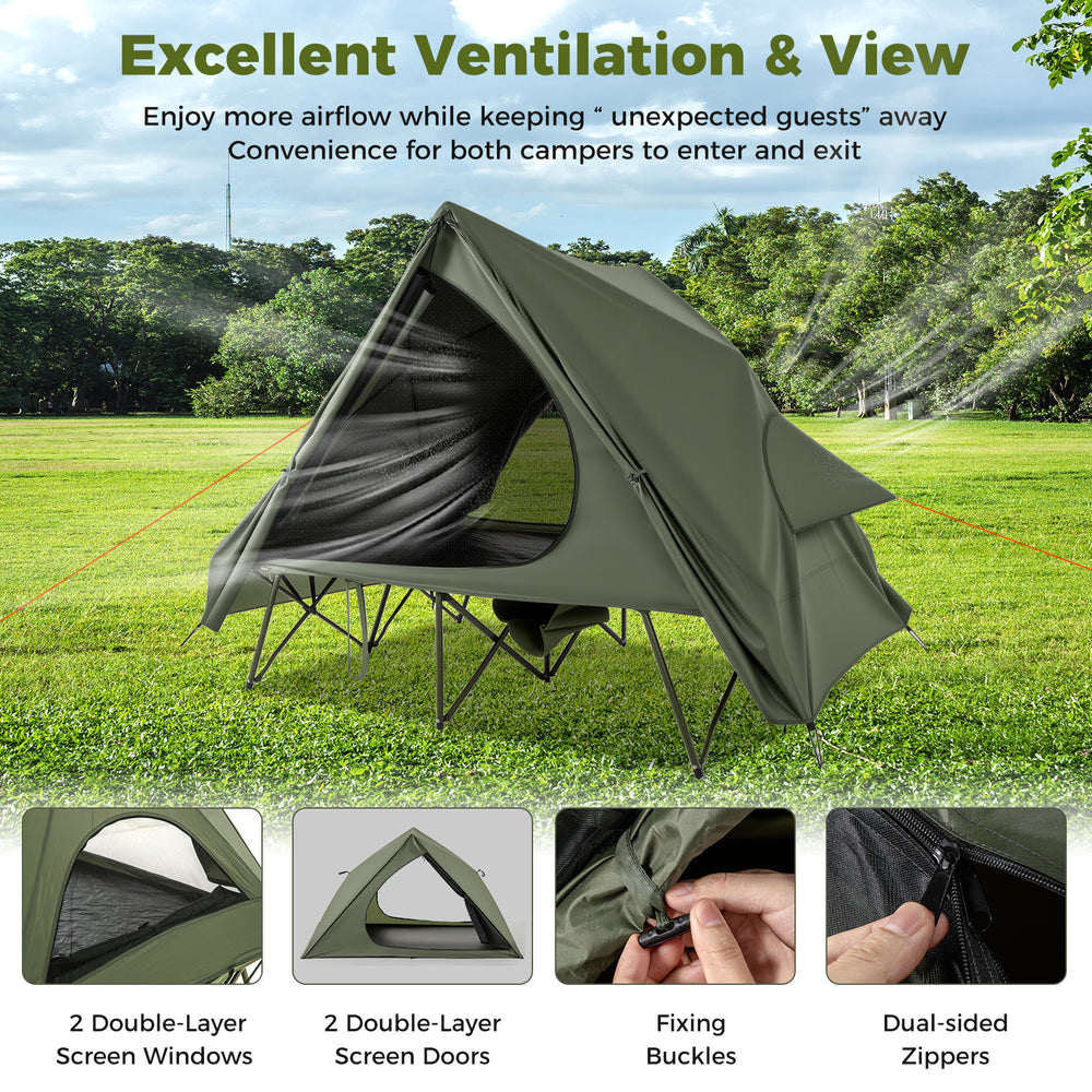 Foldable 2-person camping cot tent in green with double-layer mesh doors for ventilation, ideal for outdoor adventures.