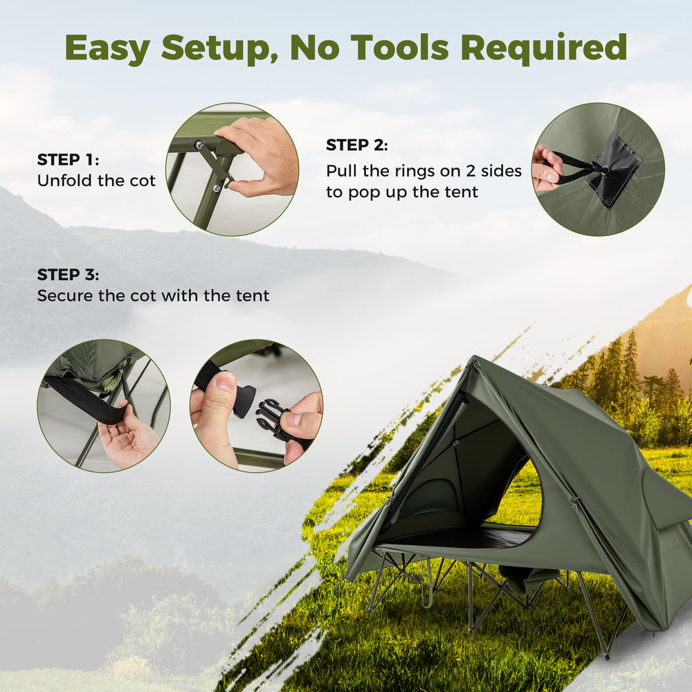 Foldable 2-person camping cot tent in green, featuring easy setup and waterproof rainfly for outdoor adventures.
