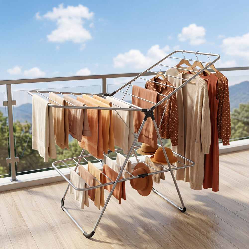 Foldable 2-tier clothes drying rack made of aluminum and stainless steel, ideal for outdoor balcony drying.