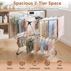 Foldable 2-tier clothes drying rack made of aluminum and stainless steel, ideal for drying shirts, pants, and more.