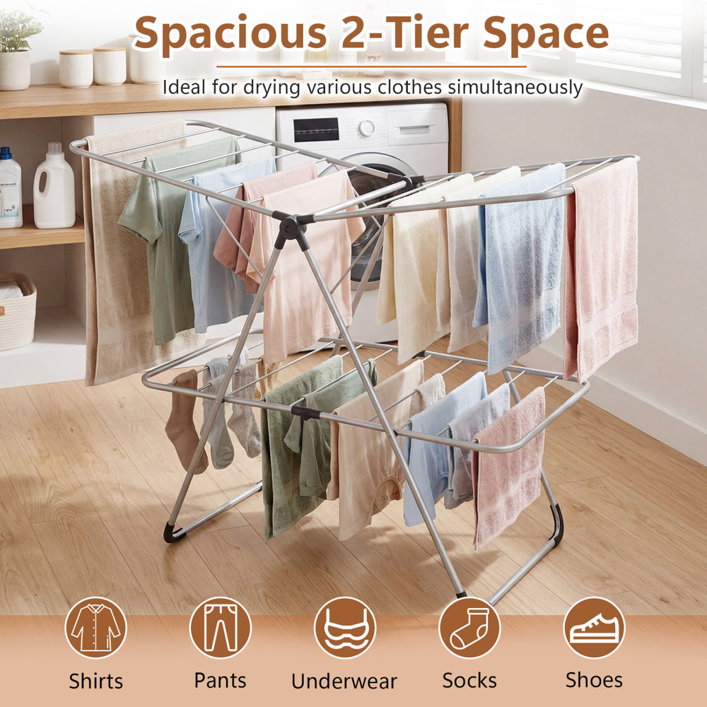 Foldable 2-tier clothes drying rack made of aluminum and stainless steel, ideal for drying shirts, pants, and more.