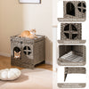 Foldable 2-tier rattan cat litter box enclosure in grey with large entry, elevated design, and removable cushion for.