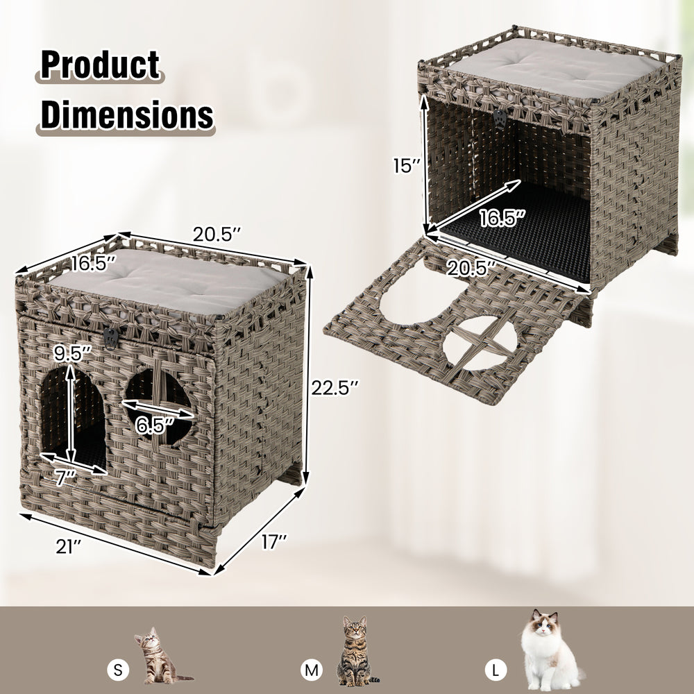 Foldable 2-tier grey rattan cat litter box enclosure with large entry, removable cushion, and easy-clean litter mat.