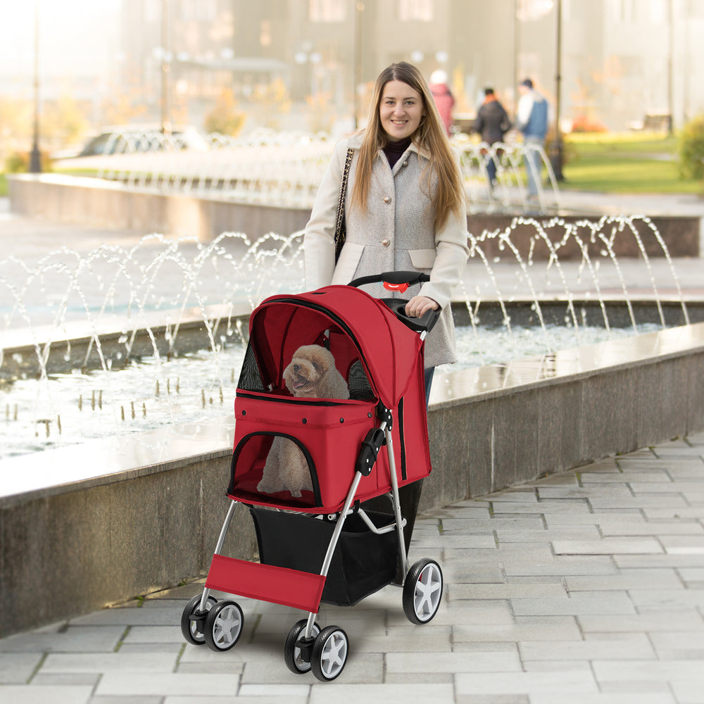 Folding Pet Stroller with Storage Basket and Adjustable Canopy-Red - Gallery View 1 of 10