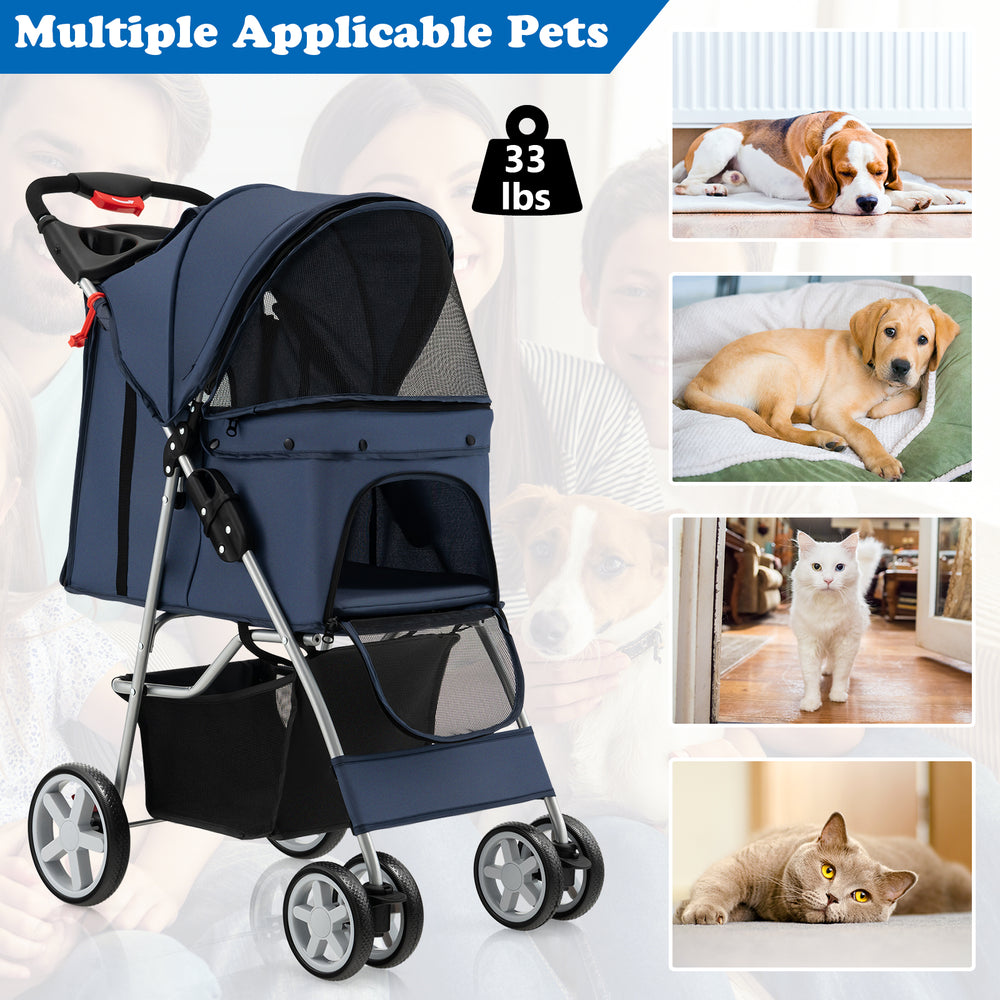 Folding pet stroller in navy with adjustable canopy, storage basket, and mesh windows for comfort and visibility.