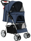Folding pet stroller in navy with adjustable canopy, storage basket, and mesh windows for ventilation and comfort.
