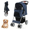 Folding pet stroller in navy with adjustable canopy, storage basket, and 4 mesh windows for ventilation and comfort.