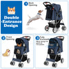 Folding pet stroller in navy with adjustable canopy, featuring double entrances and large storage basket for.