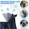 Folding pet stroller in navy with adjustable canopy, mesh windows, and large storage basket for outdoor adventures.