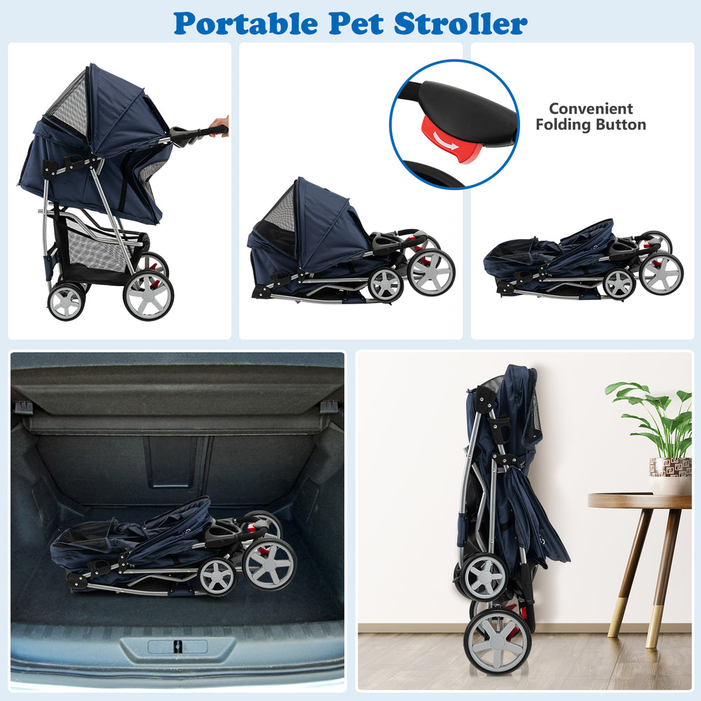 Folding pet stroller in navy, shown folded for easy storage, featuring a compact design ideal for travel and.