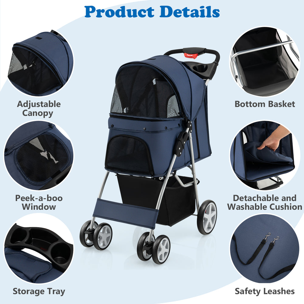 Close-up of the adjustable canopy on a navy folding pet stroller, providing sun protection and ventilation for small.