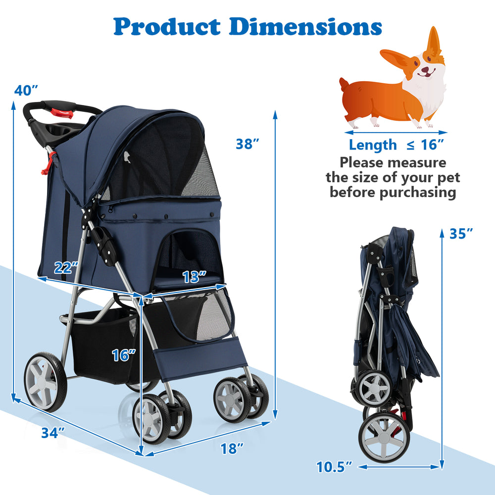 Folding pet stroller in navy with adjustable canopy, storage basket, and dimensions for small to medium pets.